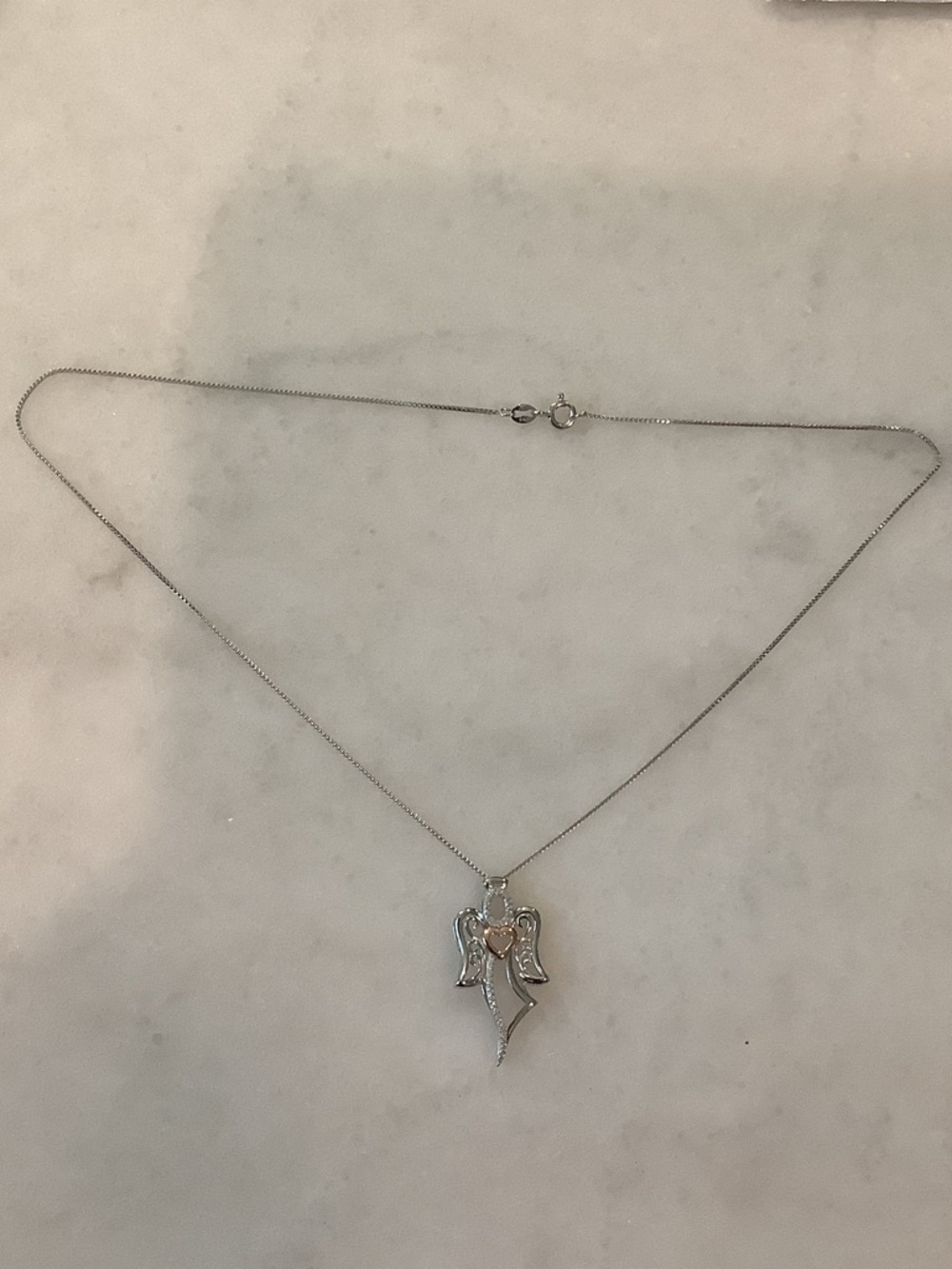 Sterling Silver Angel Pendant Necklace, Rose Gold Heart Accent, Brand New